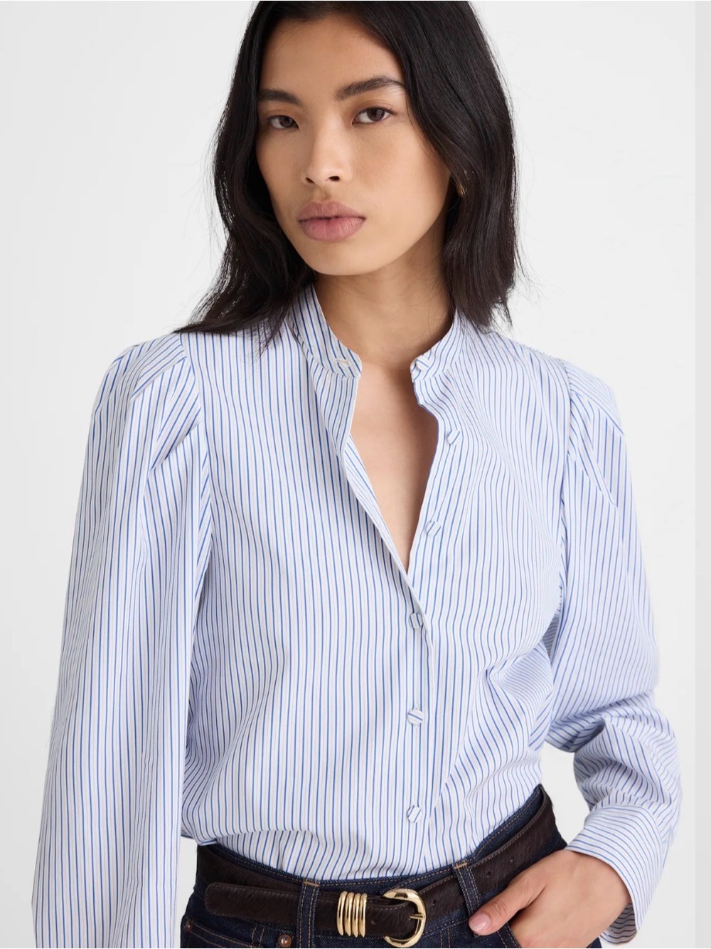 NWT Madewell Striped Puff Sleeve Button Up  Blouse, Blue White stripe workwear